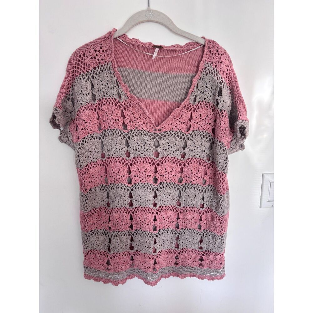 Free People Striped Crochet Knit Swimsuit Coverup Peach Taupe Large